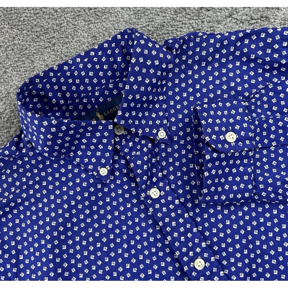 Ralph Lauren Mens Medium Blue White Geometric Diamond Cotton Button Down Shirt